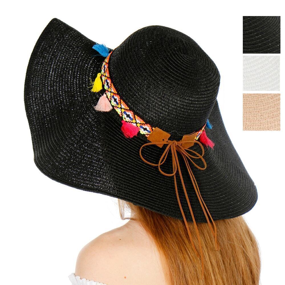NWT A&O Women's Wide Brim Colorful Tribal Band with Tassels Paper Floppy Sun Hat